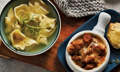 Bowls of Won Ton and French Onion Soup