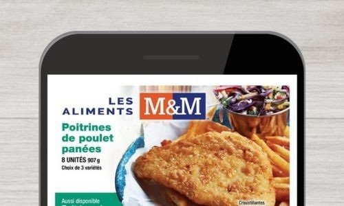 Page couverture d'une circulaire Les Aliments M&M, tel que vue à l'écran d'un cellulaire