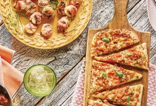 Grilled Bruscetta Flatbread and Bacon Wrapped Scallops.